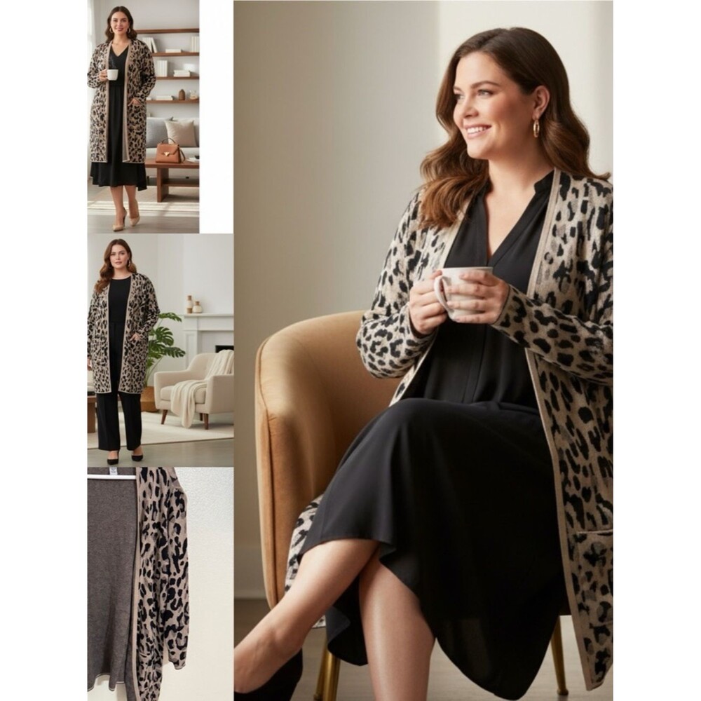 Catherines 3X Leopard Print Open Front Cardigan Duster Plus Size Soft Knit